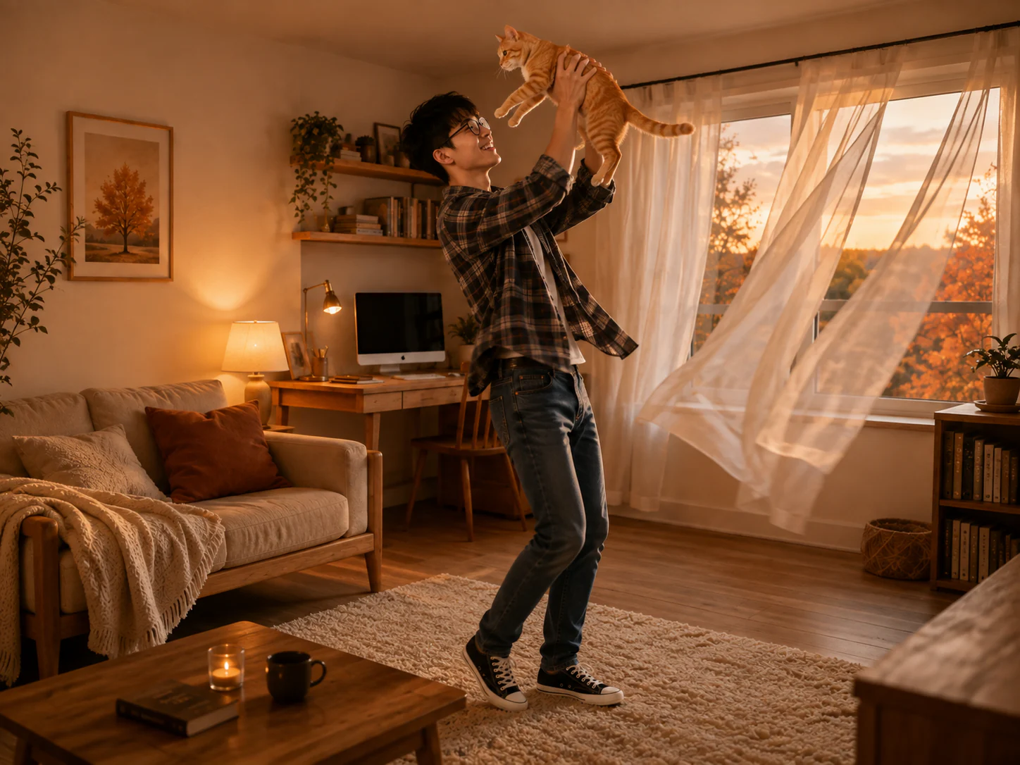 男性与橘猫互动场景